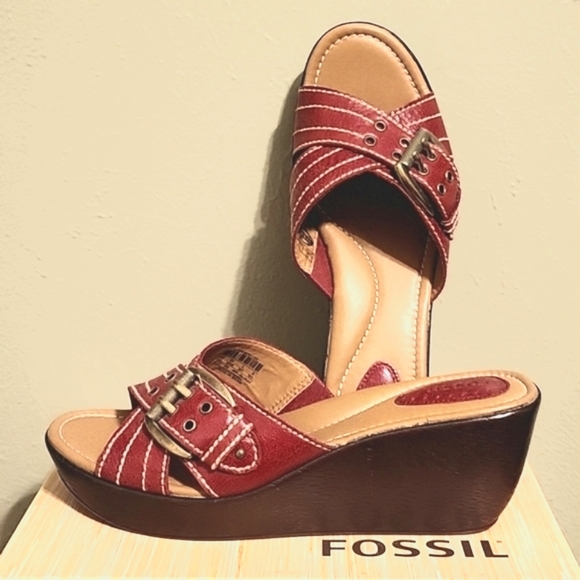 Fossil Maxine red leather wedge sandals - Picture 1 of 6